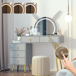 Keepreaper Grey Dressing Table Vanity Desk With Mirror, Led Lights, 5 Drawers And Metal Legs - thumbnail 3