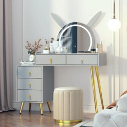 Keepreaper Grey Dressing Table Vanity Desk With Mirror, Led Lights, 5 Drawers And Metal Legs - thumbnail 1