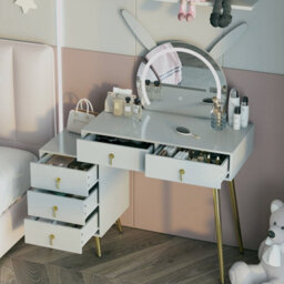 Keepreaper Grey Dressing Table Vanity Desk With Mirror, Led Lights, 5 Drawers And Metal Legs - thumbnail 5