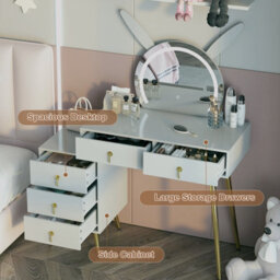 Keepreaper Grey Dressing Table Vanity Desk With Mirror, Led Lights, 5 Drawers And Metal Legs - thumbnail 8