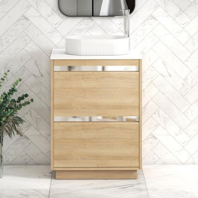 Royal Bathrooms Orion 600mm Natural Oak Floor Standing Plain White Countertop Vanity Unit 2 Drawer With Lyon Basin & Chrome Accent Trim - image 1