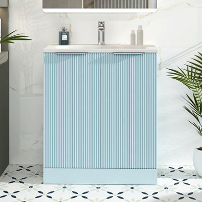 Royal Bathrooms Evora 700mm Powder Blue Fluted Floor Standing Bathroom Vanity Unit 2 Door Cabinet Storage With Stone Basin Sink - 1 Tap Hole - image 1