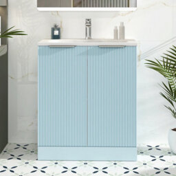 Royal Bathrooms Evora 700mm Powder Blue Fluted Floor Standing Bathroom Vanity Unit 2 Door Cabinet Storage With Stone Basin Sink - 1 Tap Hole