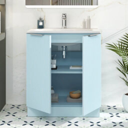 Royal Bathrooms Evora 700mm Powder Blue Fluted Floor Standing Bathroom Vanity Unit 2 Door Cabinet Storage With Stone Basin Sink - 1 Tap Hole - thumbnail 3
