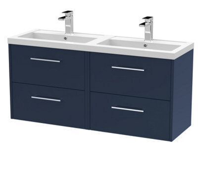 Hudson Reed Wall Hung 4-Drawer Vanity & Double Basin, Contemporary Design, Midnight Blue Matt Finish, Polymarble, 1205X385X579mm - image 1