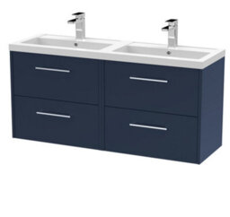 Hudson Reed Wall Hung 4-Drawer Vanity & Double Basin, Contemporary Design, Midnight Blue Matt Finish, Polymarble, 1205X385X579mm - thumbnail 5