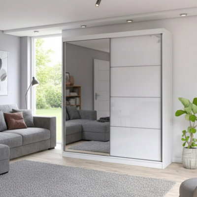 Multi 35 X 183 Modern Sliding Door Wardrobe With Mirror Stylish Storage In White And White Semi Gloss Finish - image 1