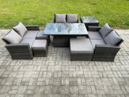 Fimous Wicker Pe Rattan Garden Furniture Set Height Adjustable Rising Lifting Table Sofa Dining Set With Side Table - thumbnail 2