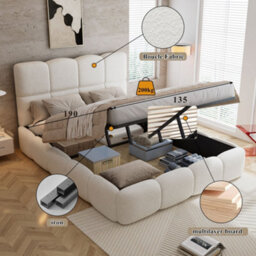 Merax 4Ft6 Double Upholstered Bed 135 X 190 Cm, Boucle Hydraulic Storage Bed With Soft Headboard And Wooden Slats, Beige - thumbnail 6
