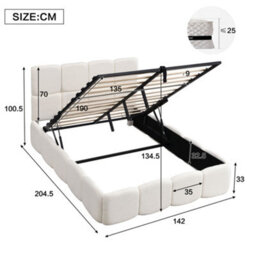 Merax 4Ft6 Double Upholstered Bed 135 X 190 Cm, Boucle Hydraulic Storage Bed With Soft Headboard And Wooden Slats, Beige - thumbnail 5