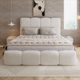 Merax 4Ft6 Double Upholstered Bed 135 X 190 Cm, Boucle Hydraulic Storage Bed With Soft Headboard And Wooden Slats, Beige - thumbnail 2