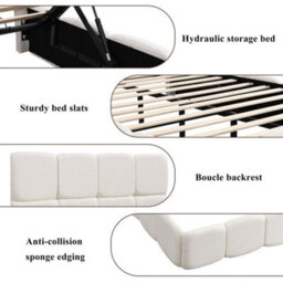 Merax 4Ft6 Double Upholstered Bed 135 X 190 Cm, Boucle Hydraulic Storage Bed With Soft Headboard And Wooden Slats, Beige - thumbnail 7