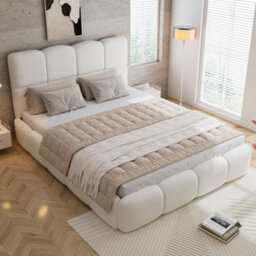 Merax 4Ft6 Double Upholstered Bed 135 X 190 Cm, Boucle Hydraulic Storage Bed With Soft Headboard And Wooden Slats, Beige - thumbnail 4