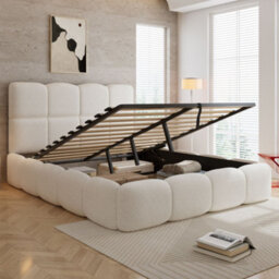 Merax 4Ft6 Double Upholstered Bed 135 X 190 Cm, Boucle Hydraulic Storage Bed With Soft Headboard And Wooden Slats, Beige - thumbnail 1