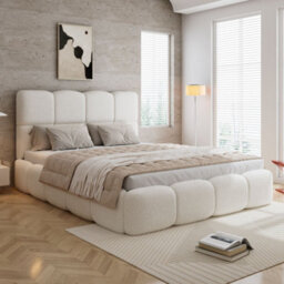 Merax 4Ft6 Double Upholstered Bed 135 X 190 Cm, Boucle Hydraulic Storage Bed With Soft Headboard And Wooden Slats, Beige - thumbnail 3