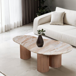 Bundi Natural Marble & Wood Pedestal Coffee Table - thumbnail 5