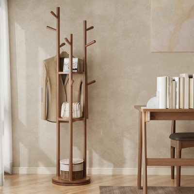 Yqjjgl Freestanding Solid Wood Coat Rack With 3 Shelves And Hooks Walnut Clothes Rail Clothes Rack - image 1