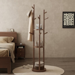 Yqjjgl Freestanding Solid Wood Coat Rack With 3 Shelves And Hooks Walnut Clothes Rail Clothes Rack - thumbnail 3