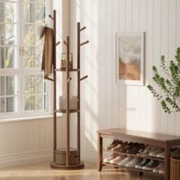 Yqjjgl Freestanding Solid Wood Coat Rack With 3 Shelves And Hooks Walnut Clothes Rail Clothes Rack - thumbnail 4