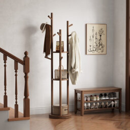 Yqjjgl Freestanding Solid Wood Coat Rack With 3 Shelves And Hooks Walnut Clothes Rail Clothes Rack - thumbnail 8