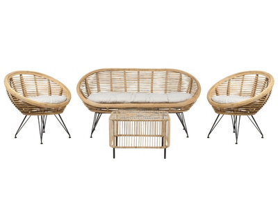Wyld And Coco 4-Seater Natural Rattan Sofa Set With Coffee Table And Light Beige Cushions - Indoor/outdoor Modular Seating - image 1
