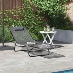 Berkfield Folding Sun Lounger With Headrest Grey Textilene