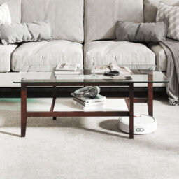 Gainoom Home Brown Glass Coffee Table 2-Tier Coffee Table With Storage Shelf - thumbnail 4