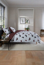 The Lyndon Company Hattie Grey 100% Cotton Duvet Cover Set Scottie Dog Print Bedding With Reversible Tartan Design - thumbnail 3
