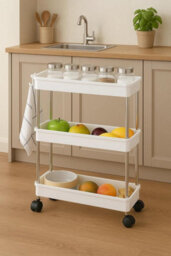 Celino 3-Tier Storage Trolley Cart Slim Rolling Utility Shelving Organizer For Kitchen Bathroom Laundry Room Plastic White - thumbnail 3