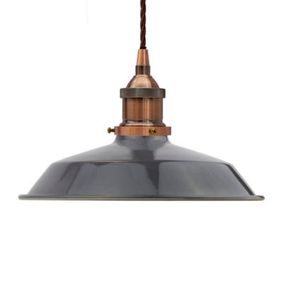 Slate Grey Small Trinity Metal Painted Dome Pendant Light With Antique Copper Lamp Holder And Brown Twisted Cable - Se Home - image 1