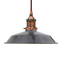 Slate Grey Small Trinity Metal Painted Dome Pendant Light With Antique Copper Lamp Holder And Brown Twisted Cable - Se Home