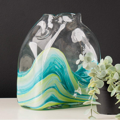 Vanity Living 21.5Cm Clear And Blue Ocean Design Handmade Glass Vase, Small Decorative Vase For Living Room