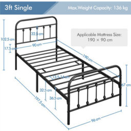 Yaheetech Black 3Ft Single Vintage Metal Bed Frame With High Headboard And Footboard - thumbnail 4