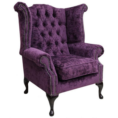 Chesterfield High Back Wing Chair Nuovo Plum Fabric Bespoke In Queen Anne Style - image 1