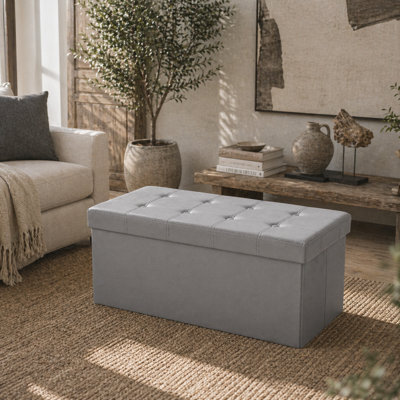 Wyld Haus Nevi 89L Grey Faux Leather Folding Storage Ottoman Bench - Button Tufted Cushioned Top - image 1