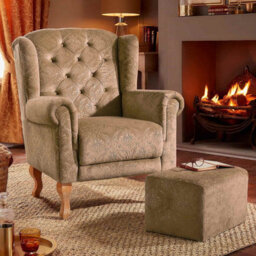 Casa Bonita Wingback Armchair With Footstool, Biscuit Patterned Velvet, Button-Back Cushion, High Seat, Easy Assembly