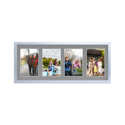 AK Frames 50X20Cm Silver Sleek Multi Photo Frame With Mid Grey Mount - Holds 4 Apertures (4X) 6X4 Photos - image 1