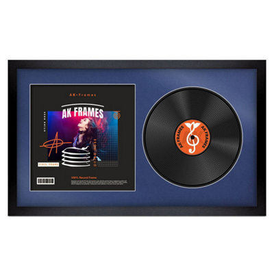 "30X17"" Matte Black Modern Vinyl Record Frame With Blue Mount For 12 Inch Lp Album Cover & Disc - Ak Frames" - image 1