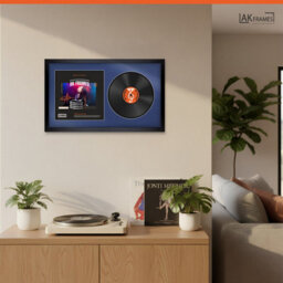 "30X17"" Matte Black Modern Vinyl Record Frame With Blue Mount For 12 Inch Lp Album Cover & Disc - Ak Frames" - thumbnail 5