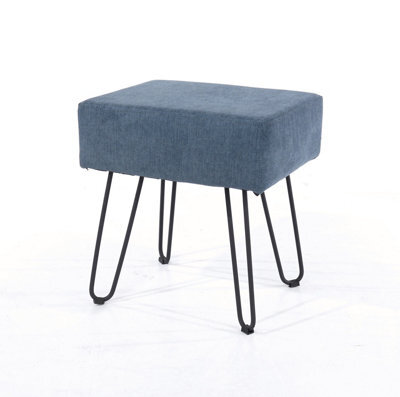Furry Blue Fabric Rectangular Stool Black Metal Legs.