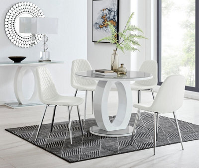 Furniturebox Giovani Round 4 Seat 100Cm White High Gloss Halo Base Grey Glass Top Dining Table 4 White Faux Leather Silver Leg Corona Chairs - image 1