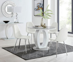 Furniturebox Giovani Round 4 Seat 100Cm White High Gloss Halo Base Grey Glass Top Dining Table 4 White Faux Leather Silver Leg Corona Chairs - thumbnail 1