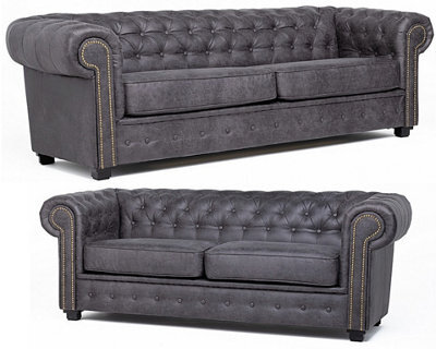 Astor Chesterfield Style Sofa Set 3+2 Seater Armchair Grey Faux Leather (3+2 Seater) - image 1