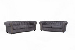 Astor Chesterfield Style Sofa Set 3+2 Seater Armchair Grey Faux Leather (3+2 Seater) - thumbnail 2
