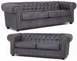 Astor Chesterfield Style Sofa Set 3+2 Seater Armchair Grey Faux Leather (3+2 Seater) - thumbnail 1