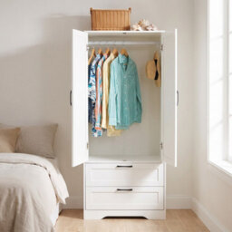Living And Home 2-Door White Bedroom Wardrobe With Drawers & Mirror, 166Cm H - thumbnail 2