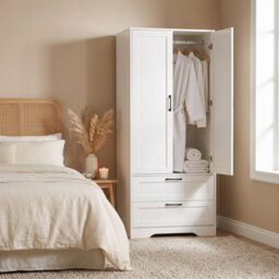 Living And Home 2-Door White Bedroom Wardrobe With Drawers & Mirror, 166Cm H - thumbnail 1