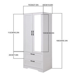 Living And Home 2-Door White Bedroom Wardrobe With Drawers & Mirror, 166Cm H - thumbnail 6