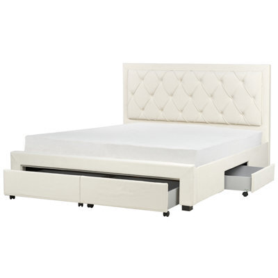 Beliani Bed With Storage Drawers Velvet Lievin 180 X 200 Cm (Eu Super King) Light Beige - image 1