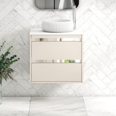 Royal Bathrooms Orion 600mm Warm Taupe Wall Hung Plain White Countertop Vanity Unit 2 Drawer With Milan Basin & Chrome Accent Trim - image 1